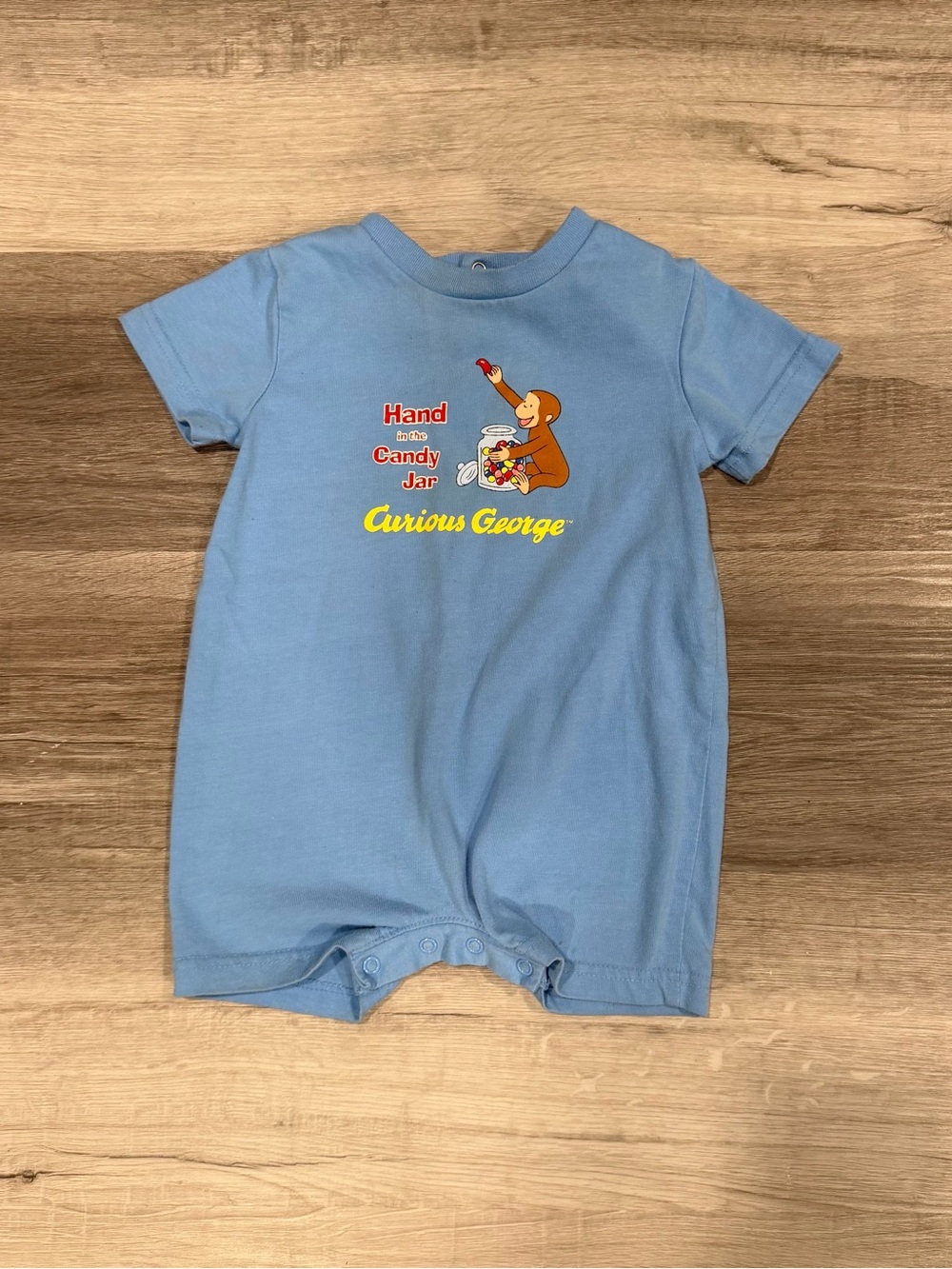 VTG Curious George Toddler “Hand In The Candy Jar” Blue Romper Size 18M